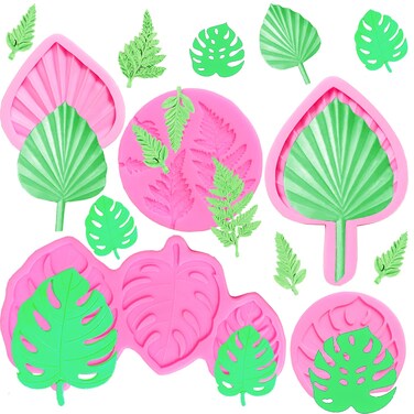 Doumeny 5Pcs Fan Leaf Fondant Mold Hawaiian Tropical Palm Leaf Silicone Mold Fern Leaves Candy Mold Monstera Leaf Cake Mold Flower Leaf Shape Chocolate Mold for DIY Sugarcraft Candy Cake Decoration