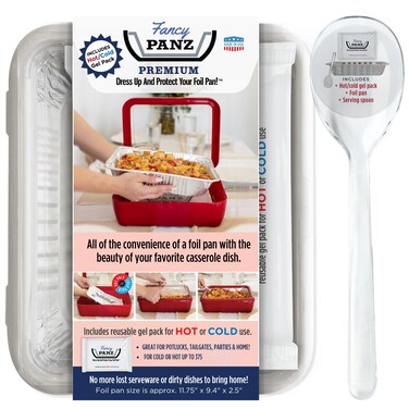 Fancy Panz Premium Dress Up  Protect Your Foil Pan Made in USA HotCold Gel Pack One Half Sized Foil Pan  Serving Spoon Included Stackable for easy travel Plastic White