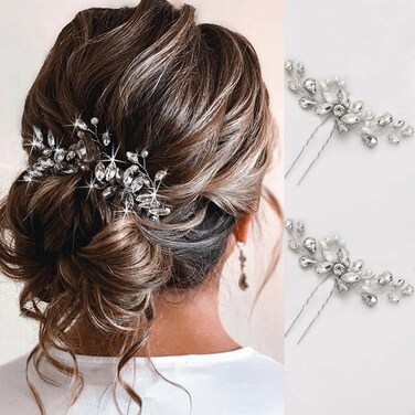 Easedaily Crystal Bride Wedding Hair Pins Silver Rhinestone Bridal Hair Pieces Pearl Hair Accessories for Women and Girls 2 pieces