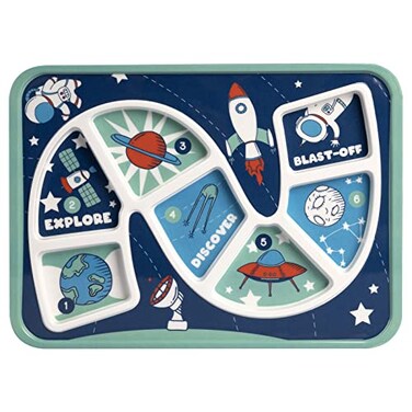GSM Brands Kids Dinner Plate for Picky Eating Toddlers Healthy Constructive Fun Meal Time Divided Portions Space Themed