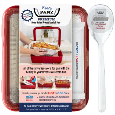 Fancy Panz Premium Dress Up  Protect Your Foil Pan Made in USA HotCold Gel Pack One Half Sized Foil Pan  Serving Spoon Included Stackable for easy travel BPA free Red