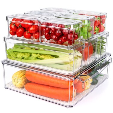 10 Pack Refrigerator Pantry Organizer Bins Stackable Fridge Organizer Bins with Lids Clear Plastic Food Storage Bins for Kitchen Countertops Cabinets Fridge Drinks Fruits Vegetable Cereals
