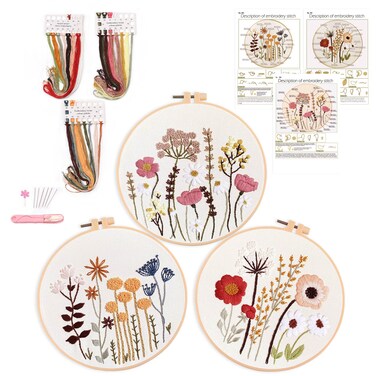 Harimau 3 Pack Embroidery Kit for Beginners  Floral Plant PatternCross Stitch Kits Set  Including Stamped Embroidery Cloth with 3 Embroidery Hoops Color Threads and Tools Flower