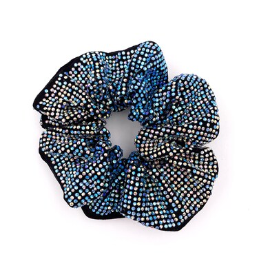 Embellished Sparkly Blue Crystal Scrunchie Hair Tie Ponytail Holder Accessory for Women