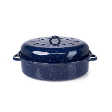 IMUSA USA 18 Traditional Vintage Style Blue Speckled Enamel on Steel Covered Oval Roaster