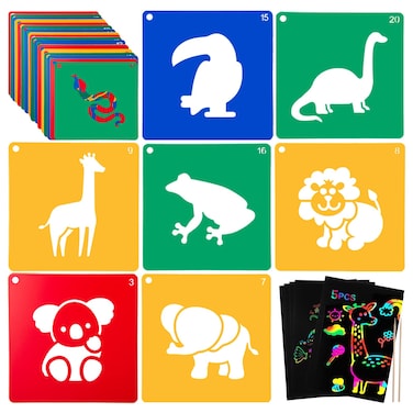 20 PCS Animal Stencils for Kids 8 x 8 Inch ViikiFain Sidewalk Chalk Stencils Colorful Drawing Stencils with 5 Pcs Scratch Paper Reusable DIY Crafts Stencils for Painting on Wood Canvas and Walls