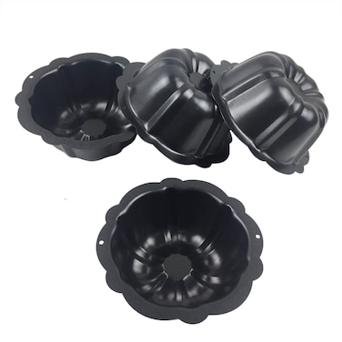 LoveDeal 4 Inch Nonstick Mini Bundt Cake Pan Set of 4 for Baking Carbon Steel Fluted Cake Pans Metal Round Pumpkin Shaped Cake Mould for Cupcake Muffin Brownie Pudding  Black