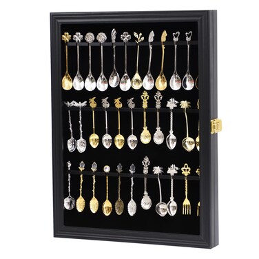 COMSREV 36 Souvenir Tea Spoon Display Case Collection Collector Rack Wall Mount Wooden w98 UV Acrylic Door LockableBlack