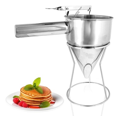 Lot45 Pancake Batter Dispenser  Piston Funnel Tapered Stainless Steel Confectionary Funnel Dispenser with Steel Stand