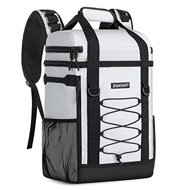 ZAKEEP Cooler Backpack 36 Cans Multifunctional Leakproof Cooler Backpack with Padded Top Handle Mesh Pocket for Camping BBQ White