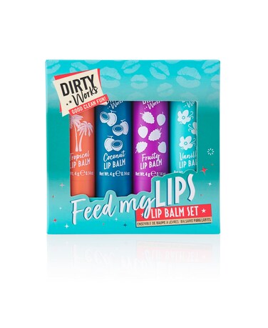 Dirty Works Feed My Lips Lip Balm Set 4 x 4g Nourishing Hydrating Lip Salve Tubes Gift Set Variaty of Fruity and Flavours