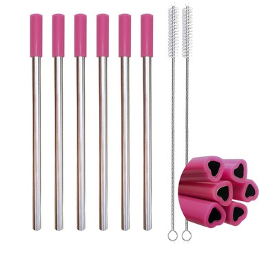 Amsthow Cute Metal Straws 6Pcs Heart Shaped Straws Reusable Stainless Steel Cute Flexible Portable Straw with Silicone Tip and Cleaning Brushes for Shakes Drinking Silver