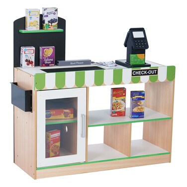 Teamson Kids Cashier Austin Interactive Wooden Play Market Stand with Lights and Sounds Manual Conveyor Belt Register and Display Spaces Green and White Dcor on Natural Wood