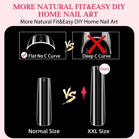 UNA GELLA Extra Long Tapered Sqaure Nail Tips Full Cover 504pcs No C Curve Clear Gel Nail Tips XXL Long Straight Nails Tips Acrylic Nails Long Square Gel X Nails for DIY Nail Art 12 Sizes