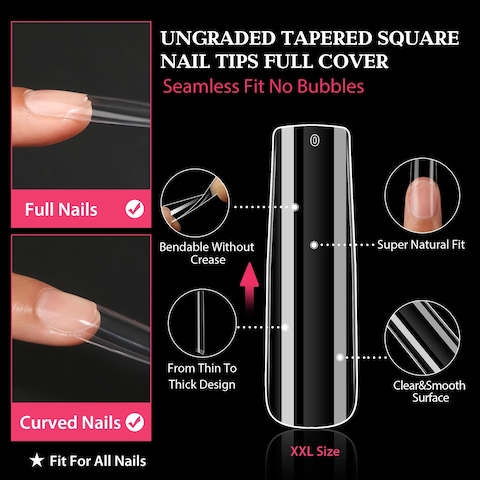UNA GELLA Extra Long Tapered Sqaure Nail Tips Full Cover 504pcs No C Curve Clear Gel Nail Tips XXL Long Straight Nails Tips Acrylic Nails Long Square Gel X Nails for DIY Nail Art 12 Sizes