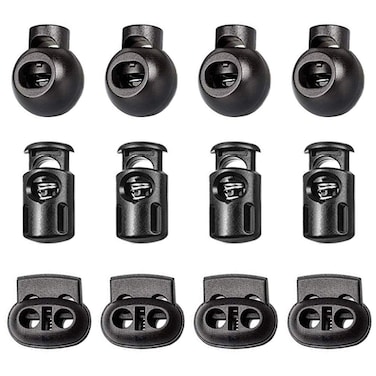 Huture 150PCS DIY Plastic Spring Buckle Loaded Fasteners Dual Hole Cord Locks Bungee Rope Toggle Stopper Buttons Fastener for Lanyard Luggage Clothing Backpack Sportwear Shoelace Tent Black