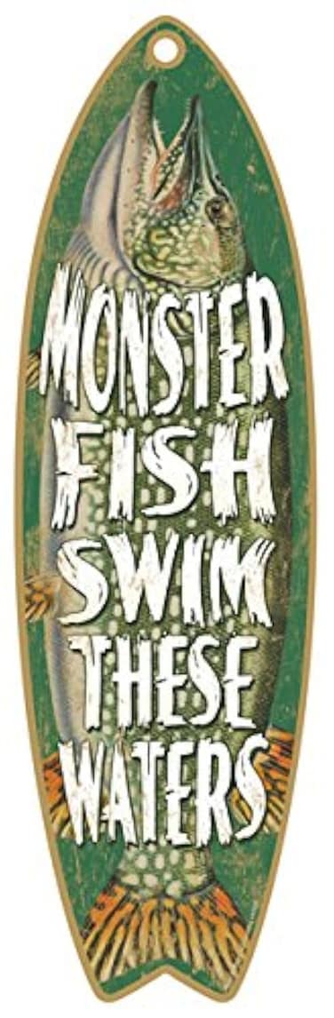 SJT ENTERPRISES INC Monster Fish Swim These Waters 5 x 16 Surfboard Wood Plaque Sign SJT41317