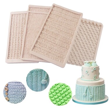 Fondant Impression Mat 4 Pcs Knitting Cake Border Silicone Mold Sweater Texture Design Silicone Cake Decorating Supplies for DIY Sugarcraft Paste Cupcake Baking Supplies