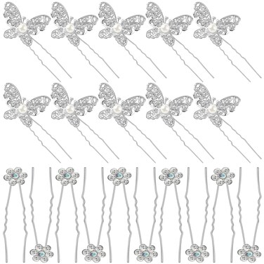 OIIKI 20 PCS Wedding Bridal Hair Pins Pearl Butterfly U Shape Hair Clips Rhinestones Flower Hair Pins Decorative Hair Accessories for Women Girls