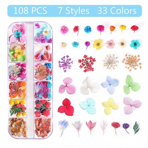 108PCS Dried Flowers for Nail Art  33 Color Lovely Natural Flower Nail Art 2 Color Foil Nail Art Nail Art Accessories Kits Dried Flowers for Resin Molds YWLI Dried Flowers  Foil