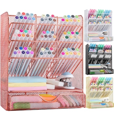 Spacrea Pen Holder Desk Organizer  Desk Organizers and Accessories Pencil Holder with 10 Compartments and 1 DrawerRose Gold