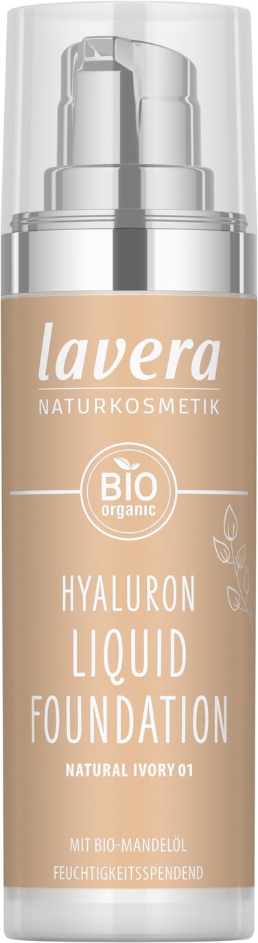 lavera Hyaluron Liquid Foundation  Natural Ivory 01  silky  light texture  free from mineral oil  natural hyaluronic acid  organic almond oil  natural cosmetics  vegan  organic  30 ml