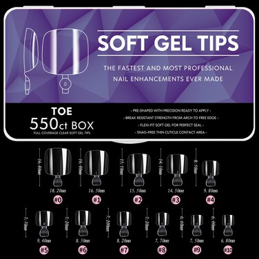 Cycullinyt Toe Nail Tips Full Cover Clear Soft Gel Tips Toe False Nail Tips for Acrylic Nails Extension with Box 550PCS 11 SizesStyle 15