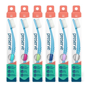 Preserve Eco Friendly Adult Toothbrushes Made in The USA from Recycled Plastic Soft Bristles Paperboard Package Colors Vary 6 Count Soft