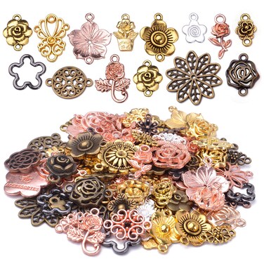 Flower Charms 100g Craft Supplies Alloy Mixed Style Rose Life Flower Connector Links Charms Pendant Beads Charm for Jewelry Making Crafting Findings Accessory