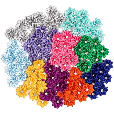 Satin Ribbon Daisy Flower Heads with Rhinestones 10 Colors 12 in 100 Pack