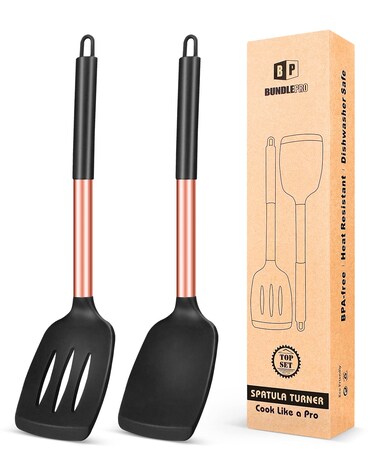 Pack of 2 Silicone Solid TurnerNon Stick Slotted Kitchen SpatulasHigh Heat Resistant BPA Free Cooking UtensilsIdeal Cookware for FishEggsPancakes ROSE GOLD BLACK