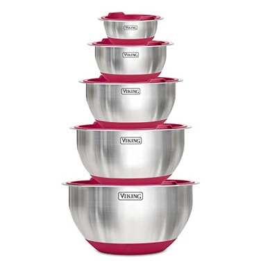 Viking Culinary Stainless Steel Mixing Bowl Set 10 piece Nonslip Silicone Base Includes Airtight Lids Dishwasher Safe Red