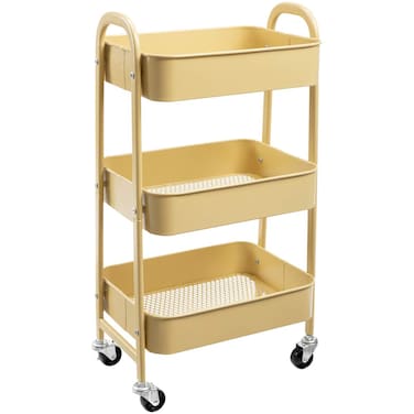 AGTEK Makeup Cart Movable Rolling Organizer Cart Khaki Yellow 3 Tier Metal Utility Cart