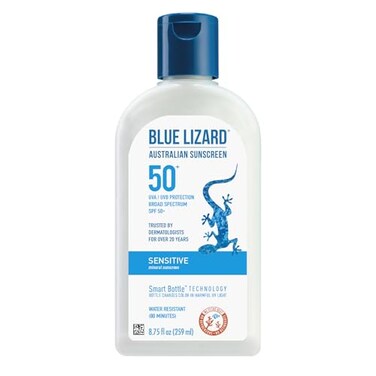 Blue Lizard SENSITIVE Mineral Sunscreen with Zinc Oxide SPF 50 Water Resistant UVAUVB Protection with Smart Bottle Technology  Fragrance Free 875 oz