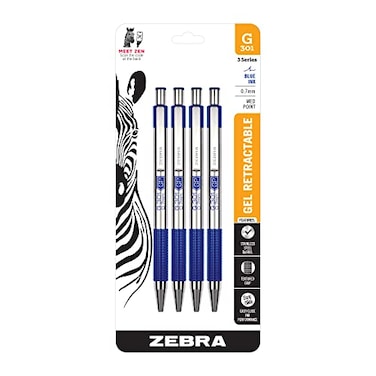 Zebra Pen G301 Retractable Gel Pen Premium Stainless Steel Barrel Medium Point 07mm Blue Ink 4Pack 41324