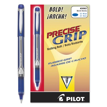 Pilot Precise Grip Liquid Ink Rolling Ball Stick Pens Bold Point 1 mm Blue Pack of 12