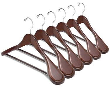 Amber Home 6 Pack Walnut Wide Shoulder Wooden Suit Coat Hangers with Non Slip Pants Bar Solid Wood Jacket Clothes Hangers Smooth Finish for Sweater Pants Heavy Clothes Walnut 6 Pack