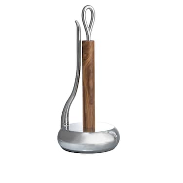 Nambe  Gourmet Collection  Loop Towel Holder  Measures at 7 x 16  Made with Nambe Alloy and Acacia Wood  Designed by Neil Cohen