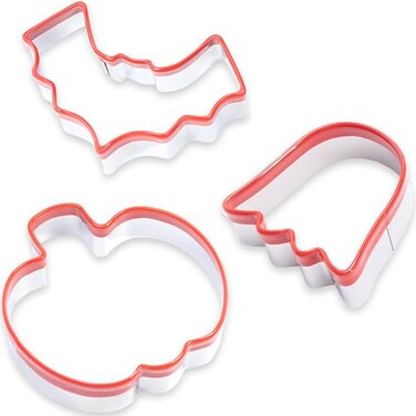 COOKIEQUE 3 Pcs Halloween Cookie Cutters  Pumpkin Ghost and Bat FoodGrade Stainless Steel Sandwich Cutters Biscuit Cutter Holiday Cookie Cutters Unique Design with Protective Red Top PVC