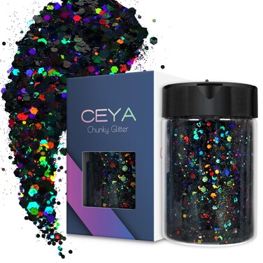 Ceya Holographic Chunky Glitter 49oz 140g Black Craft Glitter Powder Mixed Chunky Fine Flakes Iridescent Nail Sequins for Nail Art Hair Epoxy Resin Tumblers Slime Painting Festival Decor