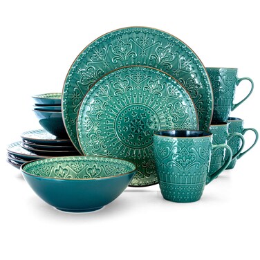 Elama Round Stoneware Embossed Dinnerware Dish Set 16 Piece Ocean Teal and Green