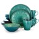 Elama Round Stoneware Embossed Dinnerware Dish Set 16 Piece Ocean Teal and Green