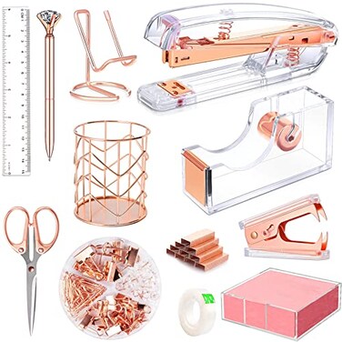 Rose Gold Office Supplies and Accessories Acrylic Stapler Staple Remover Tape Holder Ballpoint Pen Scissor Binder Clips Staples Phone Holder Ruler Transparent Glue and 300 Notes