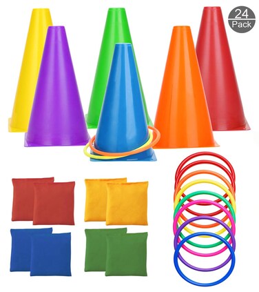 OOTSR 24 Pack Conehole Bean Bags Ring Toss Game Set  Carnival Combo Set Birthday Party Outdoor Games Supplies Plastic Cone Set for Family Garden Game