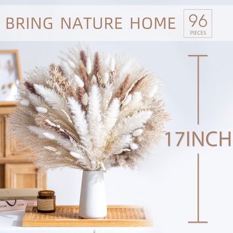 96PCS Natural Dried Pampas Grass Boho Home Decor Bouquet Phragmites Dried Flowers Bouquet for Wedding Floral Arrangements Home Decorations 96PCS