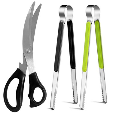 Kitchen Scissors Korean Barbecue Scissors and Tongs Set Kitchen Shears and Tongs for Cutting Meat Chicken Vegetables Stainless Steel Multipurpose Nonslip Serrated Sharp BBQ Scissors BBQ Tongs