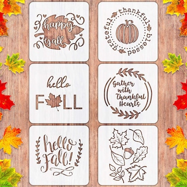 6 PCS Large Fall Stencils 12 Inch Thanksgiving Stencil for Painting on Wood Reusable Pumpkin Hello Fall Stencils for DIY Wood Signs Farmhouse Home Decor