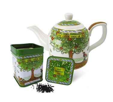 Royal Tara Set of 1 Irish Breakfast Loose Leaf Tea  Black Blend Tea in Reusable Tin and 1 1 Teapot Porcelain  Irish Tea Pot Celtic Tree of Life Tea Kettle Packed in Irish Weave Box