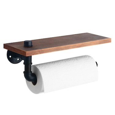 HouseAid Industrial Pipe Paper Towel Holder with Shelf Rustic Farmhouse Paper Towel Rack for Bathroom Kitchen Wall Mounted Matte Black