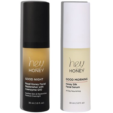 Hey Honey Good Morning  Good Night Duo  Honey Silk Facial Serum  Royal Honey Coenzyme Q10  Best Day  Night Facial Support For Glowing Skin  2 Oz